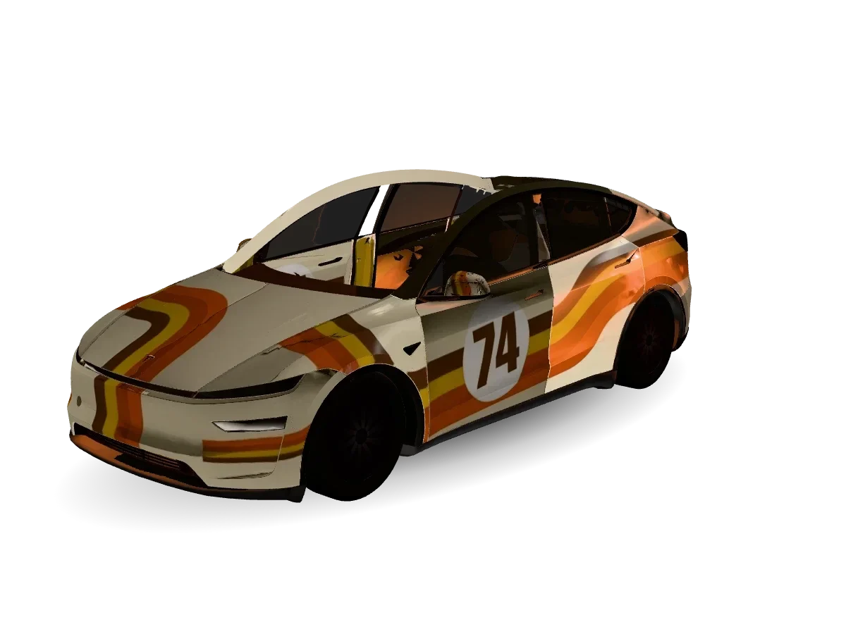 The same retro 74 wrap on a 3D Model Y